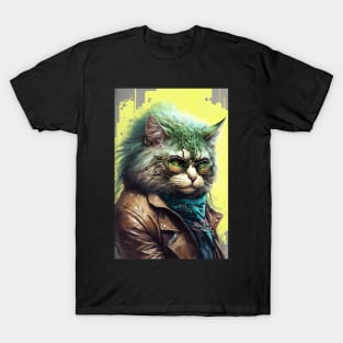 Cool cat portrait wearing a brown Jacket T-Shirt